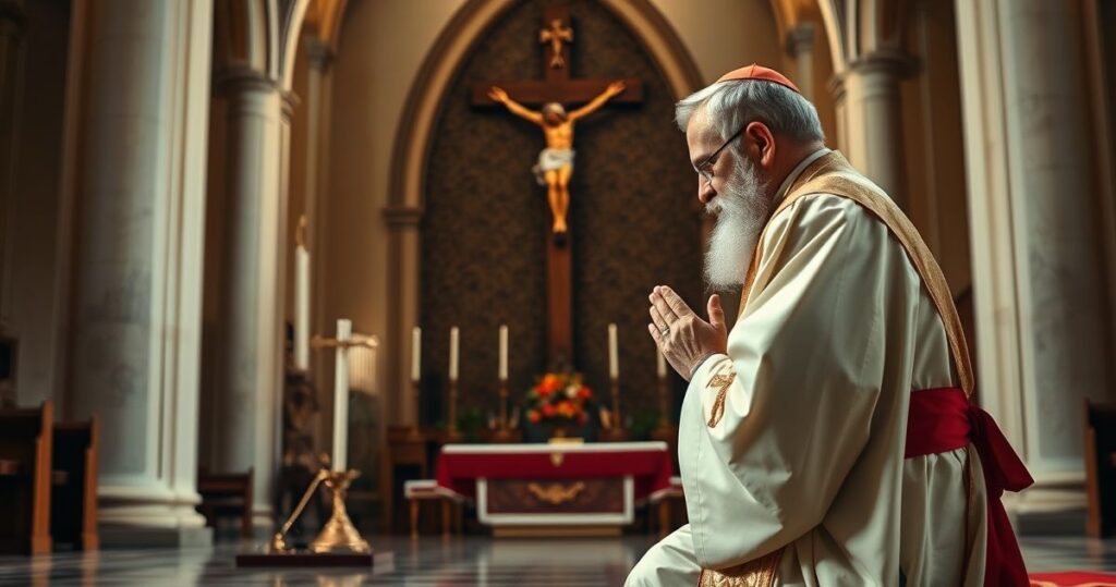 Duchown katolicki w tradycyjnych szatach modlący się przed krucyfiksem w kościele, pełen szacunku i skupienia, symbolizujący wiarę i oddanie Bogu.