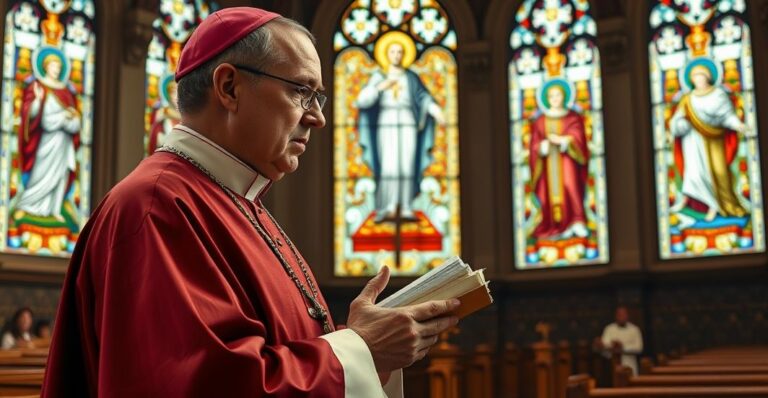 Katolicki duchowny modli się w tradycyjnej świątyni, symbolizując odrzucenie eklektyzmu i modernistycznej interpretacji religii