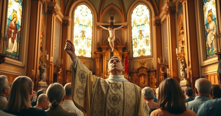 Obraz katolickiego duchownego w świątyni, modlącego się w głębokiej wierze, symbolizujący obronę moralnych wartości i sprzeciw wobec zła