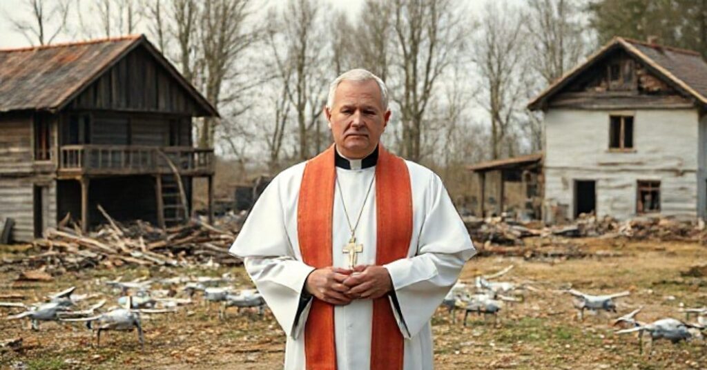 Duchown katolicki w liturgicznym stroju, modlący się przed zniszczonymi domami po ataku dronów w Lubelskiem, symbolizujący duchową refleksję nad tragedią