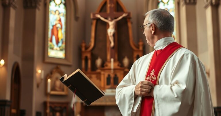 Realistyczne katolickie zdjęcie duchownego przed ołtarzem z krucyfiksem, podkreślające wiarę i oddanie Bogu w tradycyjnej świątyni.