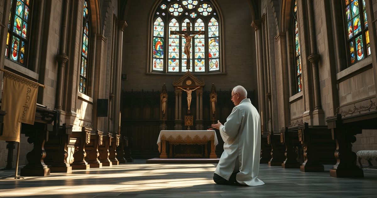 Katolicki duchowny w modlitwie w tradycyjnym kościele, wyraz pobożności i oddania Bogu.