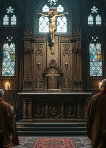 Katolicka scena modlitewna w tradycyjnej świątyni przeciw modernizmowi Fotografia realistyczna duchownego katolickiego w modlitwie w tradycyjnej świątyni z krucyfiksem, symbolizująca wierność prawdziwej wierze przeciw modernistycznym wpływom