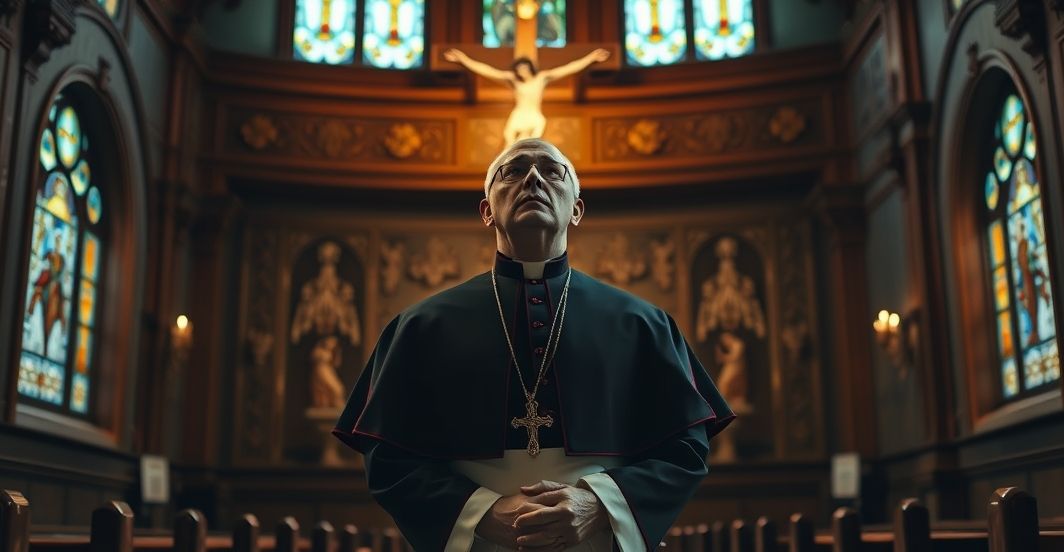 Katolicki mężczyzna w tradycyjnym stroju w kościele, symbolizujący moralny sprzeciw wobec tyranii i obronę prawa Bożego