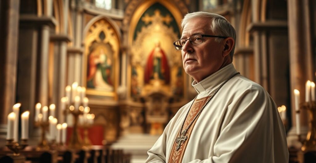 Rezystentny katolicki duchowny w świątyni, symbolizujący odrzucenie protestanckiego aktywizmu i obronę katolickiej wiary