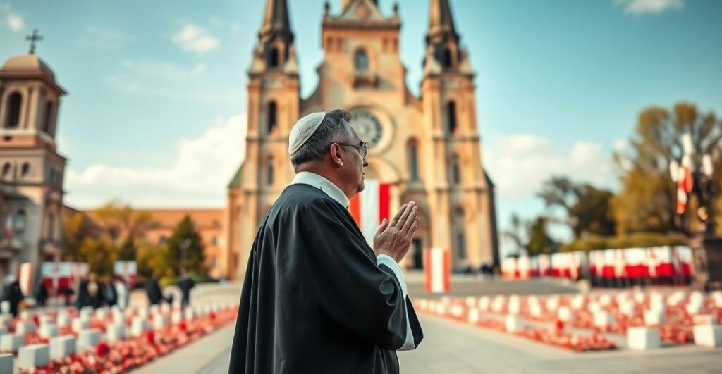Duchown katolicki modlący się przed kościołem w trakcie patriotycznego nabożeństwa, symbol głębokiej wiary i polskiego dziedzictwa religijno-narodowego