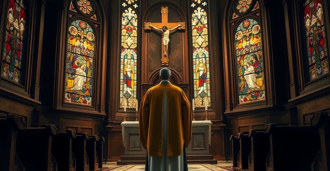Duchown katolicki w tradycyjnym stroju, stojący przed ołtarzem z krucyfiksem, w środowisku sakralnym, wyraz powagi i duchowości