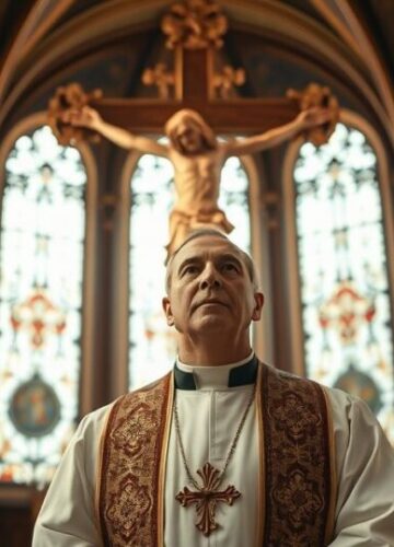 Katolicki duchowny w modlitewnym kontekście, krytyka sekularyzmu i obrona prawa Bożego Konserwatywny katolicki ksiądz stojący przed krucyfiksem w świątyni, symbolizujący wiarę i moralność w obliczu secularizmu