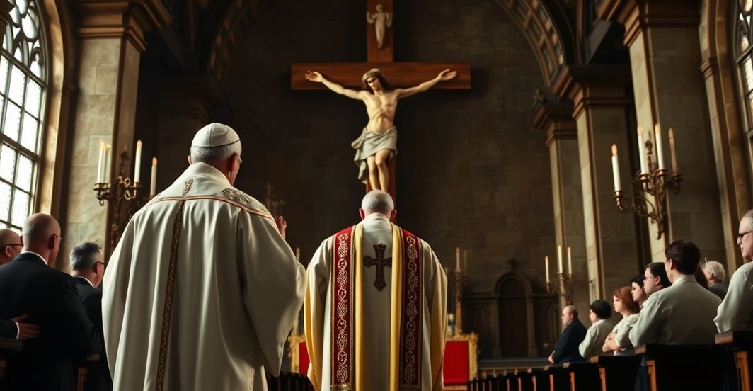 Prawdziwy katolicki duchowy przywódca w tradycyjnym stroju, stojący przed krzyżem w wnętrzu starego kościoła, ukazujący powagę i wierność naukom Kościoła.