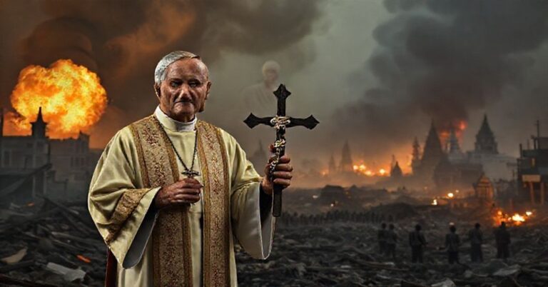 Katolicki duchowny w tradycyjnych szatach stoi przed zniszczonym miastem Paoypet podczas konfliktu Tajlandii i Kambodży