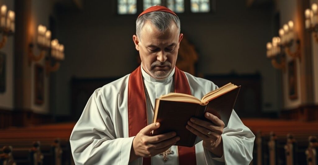 Katolicki mężczyzna w sutannie trzymający Biblię w kościele, symbol wiary i sprzeciwu wobec modernistycznej propagandy