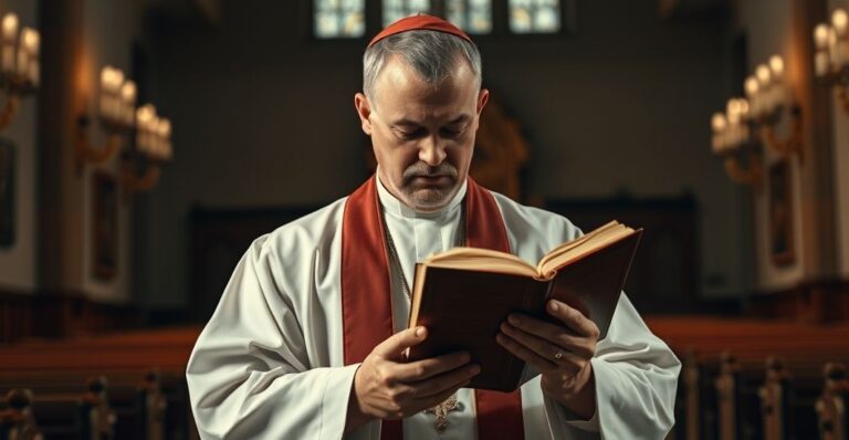 Katolicki mężczyzna w sutannie trzymający Biblię w kościele, symbol wiary i sprzeciwu wobec modernistycznej propagandy