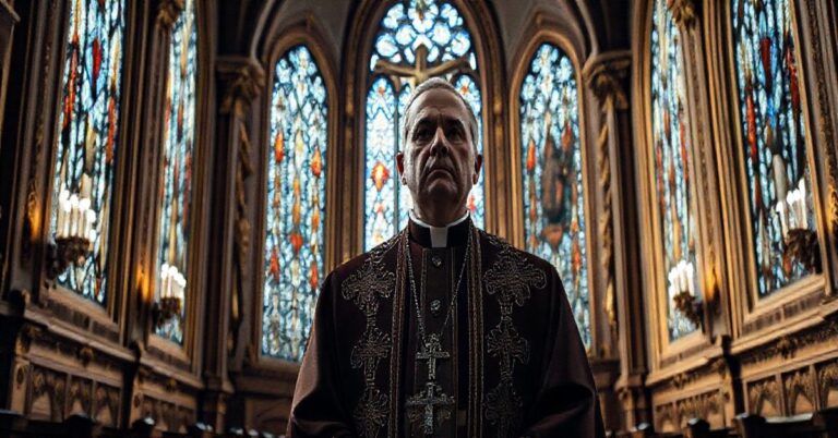 Katolicki duchowny w tradycyjnym stroju, w kościele, wyraz powagi i krytyki wobec modernistycznych zmian w Kościele.