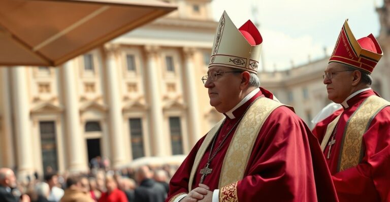 Kardynał lub ksiądz katolicki w tradycyjnych szatach, w poważnej postawie, na tle rzymskich zabytków, symbolizujący obronę tradycyjnej nauki Kościoła