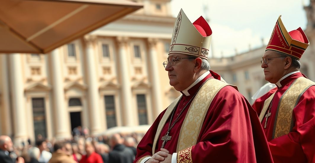 Katolicki duchowny na tle Rzymu jako symbol obrony tradycji Kardynał lub ksiądz katolicki w tradycyjnych szatach, w poważnej postawie, na tle rzymskich zabytków, symbolizujący obronę tradycyjnej nauki Kościoła