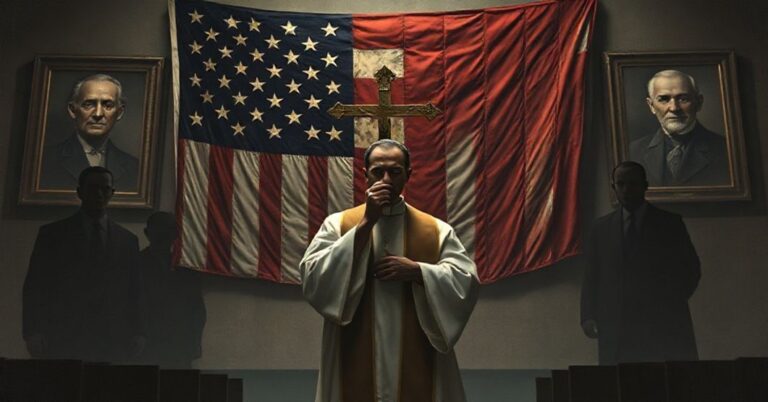 Tradycyjny katolicki ksiądz w szatach liturgicznych przed amerykańską flagą w stanie upadku, trzymający krucyfiks, symbolizujący duchowy opór wobec władzy świeckiej.