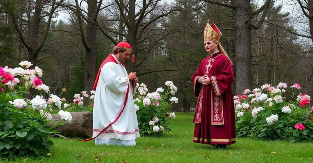 Stary katolicki dziadek modli się z wnukiem w tradycyjnej kaplicy przy domu na tle polskiego krajobrazu