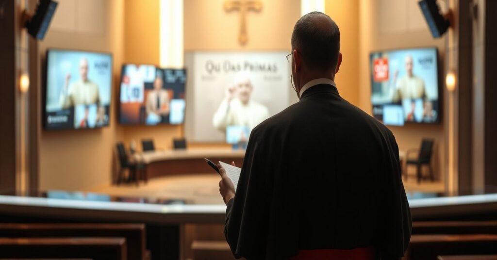 Katolicki dziennikarz w tradycyjnych szatach stojący w kaplicy w kontrastie z nowoczesnym studio medialnym.