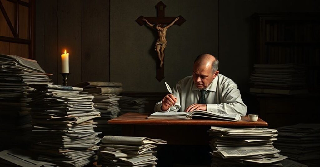 Tradycyjny katolicki dziennikarz pisze z pasją przy świecy, otoczony starymi gazetami i krzyżem.
