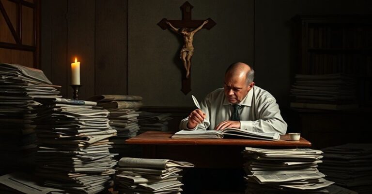 Tradycyjny katolicki dziennikarz pisze z pasją przy świecy, otoczony starymi gazetami i krzyżem.