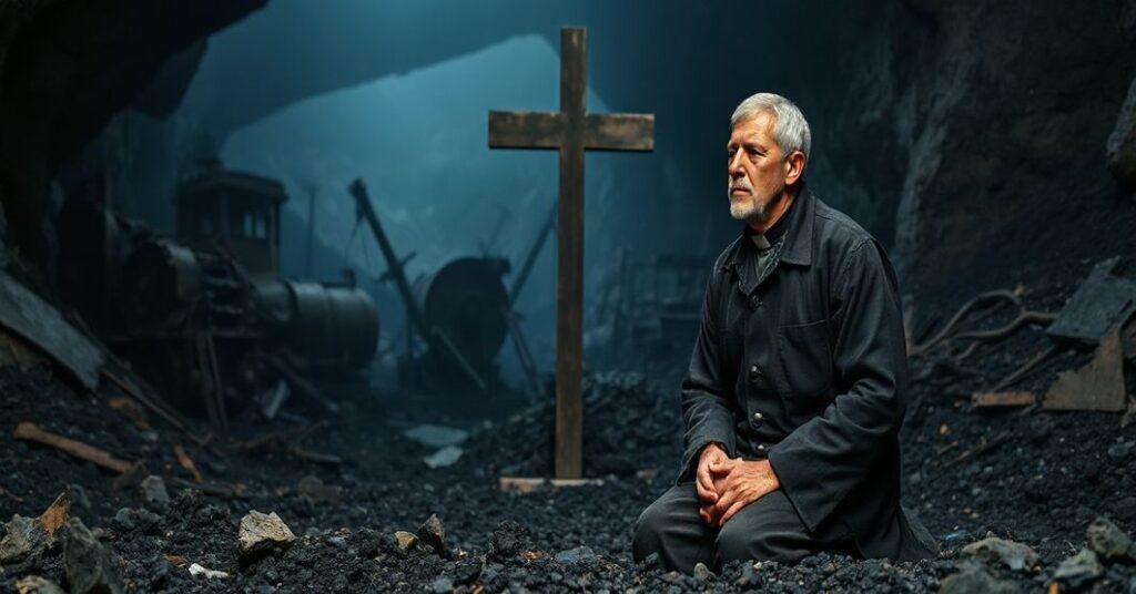 Kneeling Catholic worker in a coal mine praying before a wooden cross, symbolizing the struggle between materialism and Catholic ethics of labor.