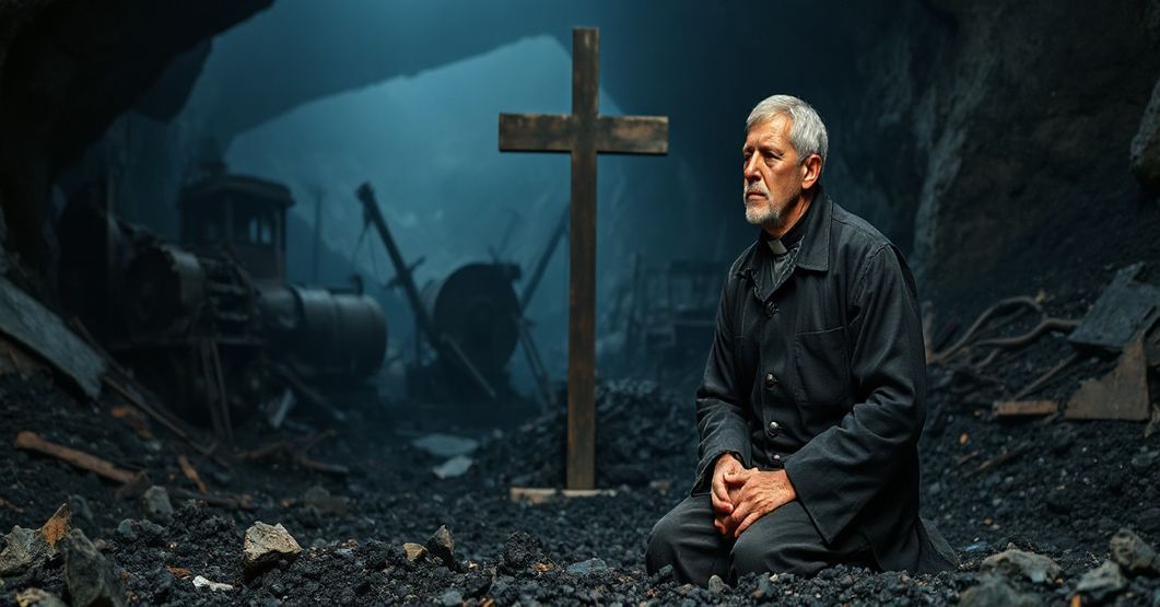 Kneeling Catholic worker in a coal mine praying before a wooden cross, symbolizing the struggle between materialism and Catholic ethics of labor.