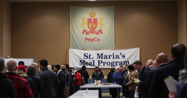 Scena z imprezy "Catholic Charities D.C." rozdającej posiłki i ubrania bez jasnego świadectwa wiary.