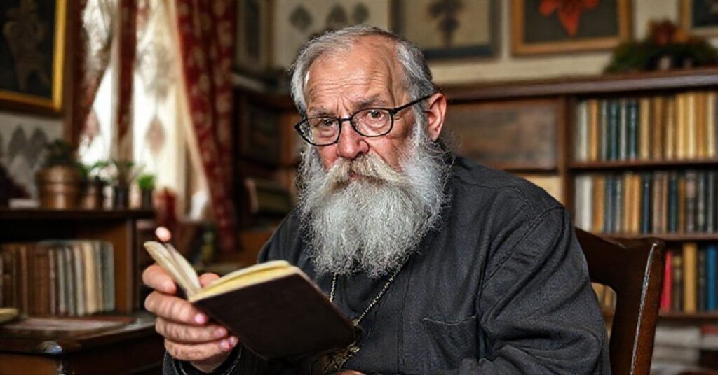 Młody katolicki intelektualista rozważa satyryczną karykaturę w tradycyjnym habitatku kościelnym