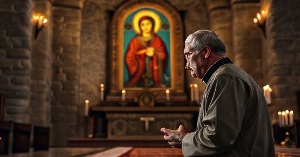 Kancelarz w tradycyjnym stroju katolickim modli się przed ikoną Matki Bożej w prawosławnym kościele w Rosji