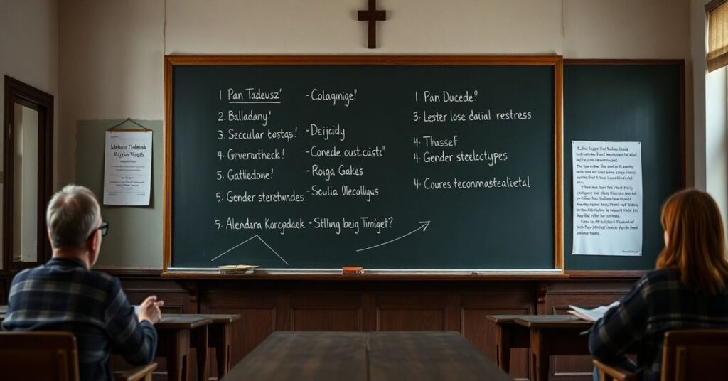 Scena w tradycyjnej katolickiej szkole z Aleksandrą Korczak i Moniką Ochodowską dyskutującymi o modernistycznym ataku na kanon lektur szkolnych.