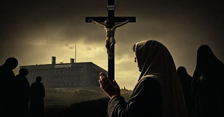 Tradycyjna katolicka ilustracja przedstawiająca matkę modlącego się przed krzyżem z rozpaczą na twarzy w tle kliniki surrogacji