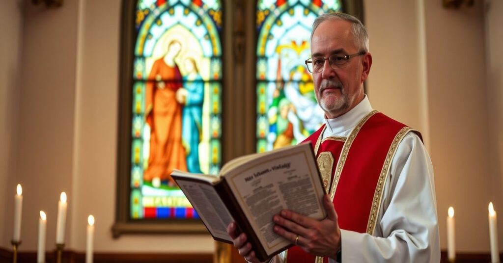 Kapelan katolicki w tradycyjnych szatach kościelnych trzyma otwartą księgę z napisem 'Casti Connubii' i 'Humanae Vitae', na tle witrażu przedstawiającego Świętą Rodzinę.