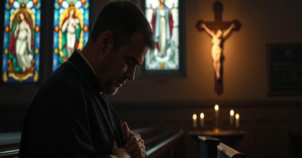 Kapelan katolicki w konfesjonału, modlący się za grzeszników i nienarodzone dzieci