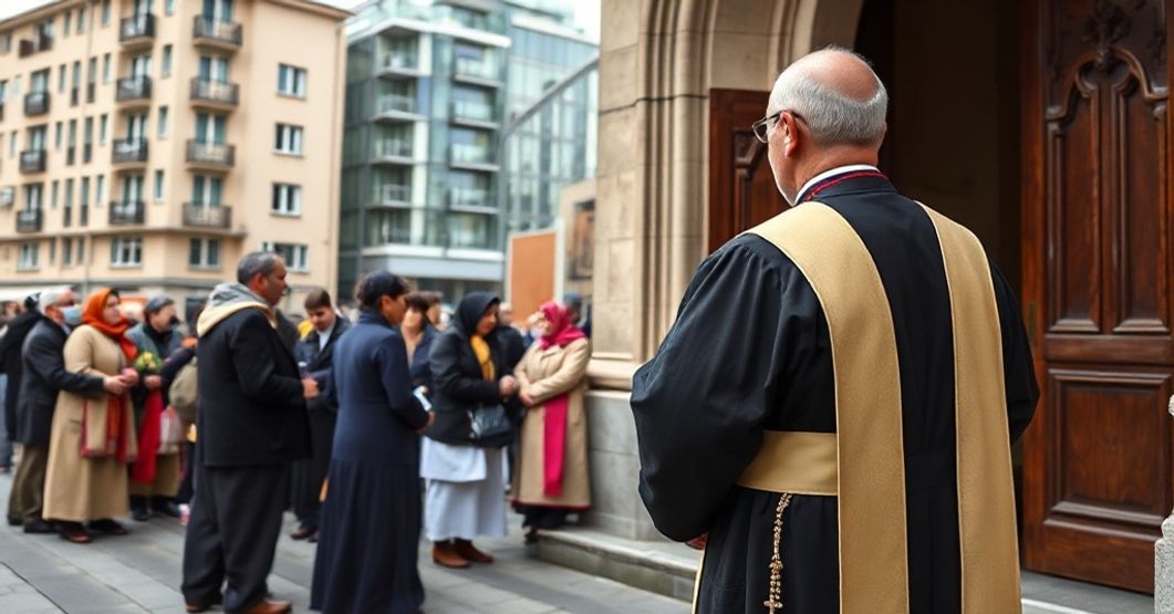 Kapelan katolicki obserwuje ekumenistyczne przyjęcie uchodźców - Apostazja pod pozorem humanitaryzmu Kapelan katolicki w tradycyjnych szatach kościelnych stoi z smutkiem, obserwując ekumenistyczne przyjęcie uchodźców przez Wspólnotę Sant'Egidio.