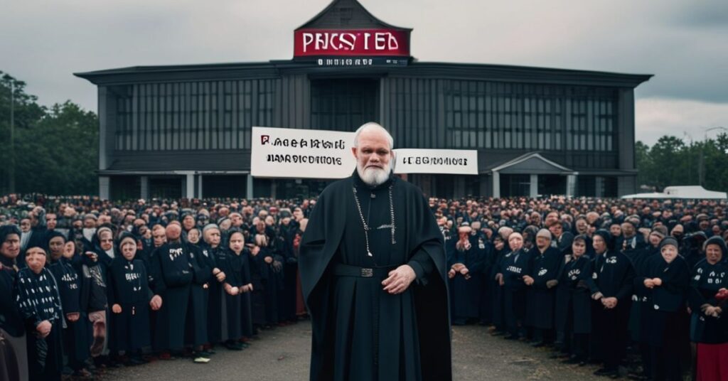 Kapelan katolicki w tradycyjnych szatach liturgicznych na manifestacji pro-life w Illinois przed budynkiem z napisem "Prairie State Access Fund" i nazwiskiem gubernatora JB Pritzkera