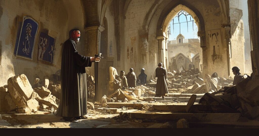Kapelan katolicki przed zniszczonym kościołem w Ziemi Świętej, otoczony zniszczonymi symbolami religijnymi