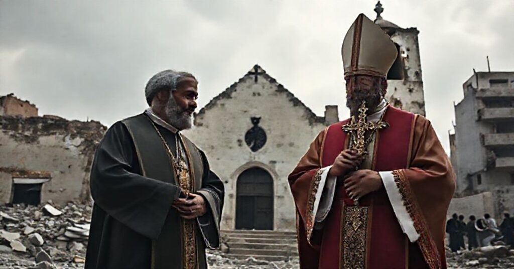 Kapelan katolicki w Gaza stoi przed uszkodzonym kościołem, trzymając krucyfiks, z widmem terrorysty w tle.