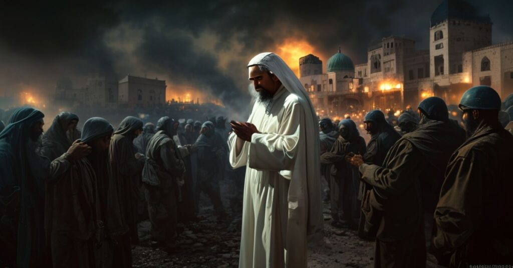 Kapelan katolicki modli się nad rannym protestującym w Iranie, podczas krwawych protestów 2025 roku.