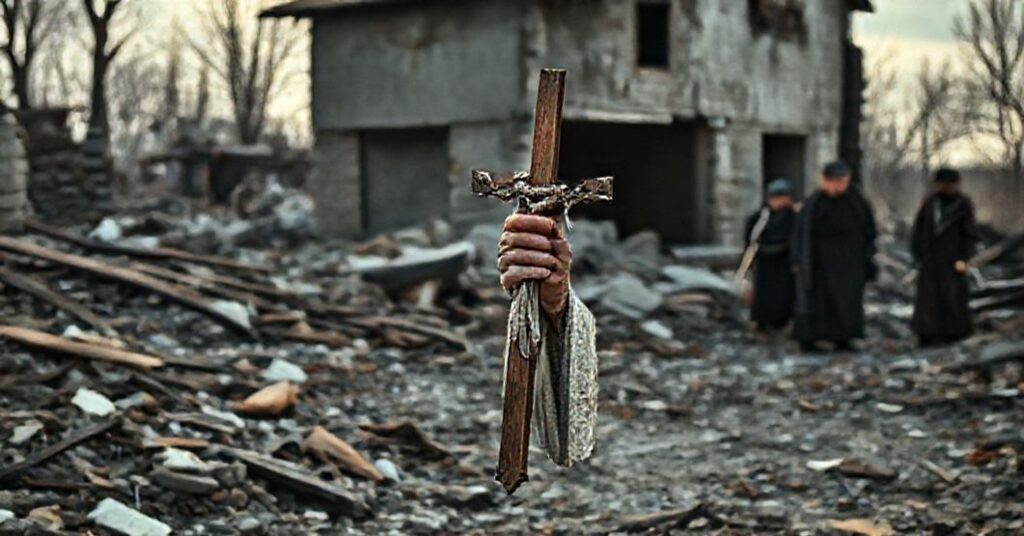 Kapelan katolicki stoi w ruinach zniszczonej wsi na Ukrainie podczas ewakuacji cywilów, trzymając krzyż. Scena podkreśla brak społecznego panowania Chrystusa i moralny upadek.