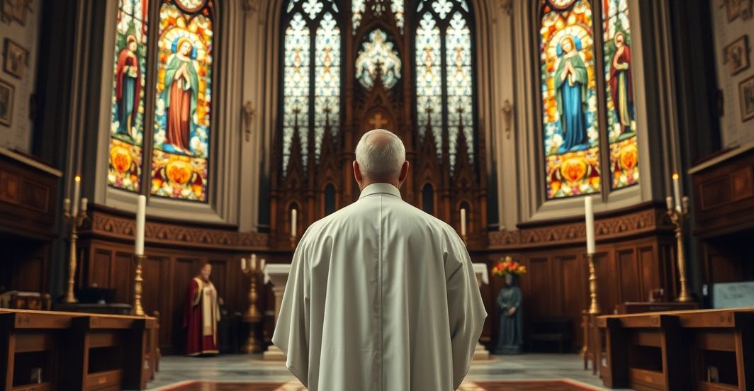 Religijny obraz katolickiego kapłana w tradycyjnej szacie stojącego przed ołtarzem w kościele, z witrażami Matki Bożej w tle
