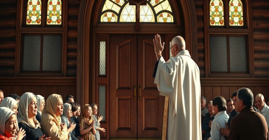 Tradycyjny katolicki kapłan błogosławi grupę uchodźców w modlitwie przed kościołem