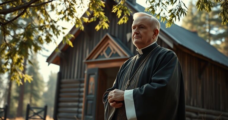 Realistyczny obraz katolickiego kapłana w sutannie, stojącego przed kościołem w Finlandii, odzwierciedlający głęboką wiarę i tradycyjną religijność.