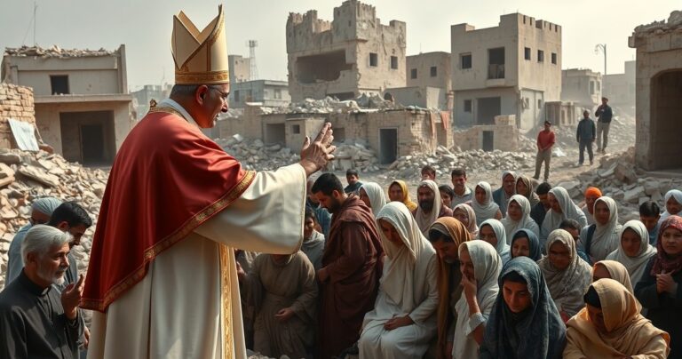 Realistyczny obraz katolickiego kapłana błogosławiącego ubogich i chorych w Gazie, ukazujący religijny kryzys i odchodzenie od prawdziwej misji Kościoła.