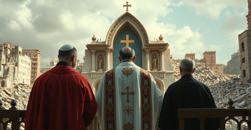 Kapłan w tradycyjnych szatach przed ołtarzem, z ruinami Gazuy w tle, wyraz smutku i moralnej krytyki wobec milczenia Kościoła wobec ludobójstwa