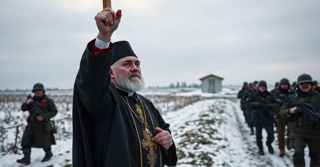 Kapłan katolicki w tradycyjnych szatach modlący się przy granicy estońsko-rosyjskiej z krzyżem w rękach