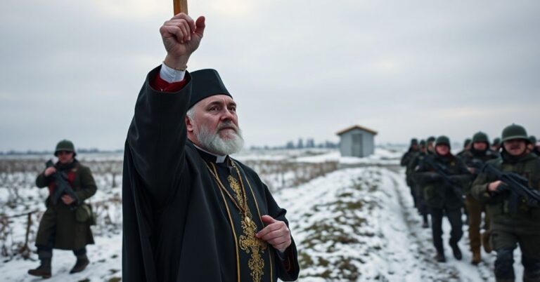 Kapłan katolicki w tradycyjnych szatach modlący się przy granicy estońsko-rosyjskiej z krzyżem w rękach