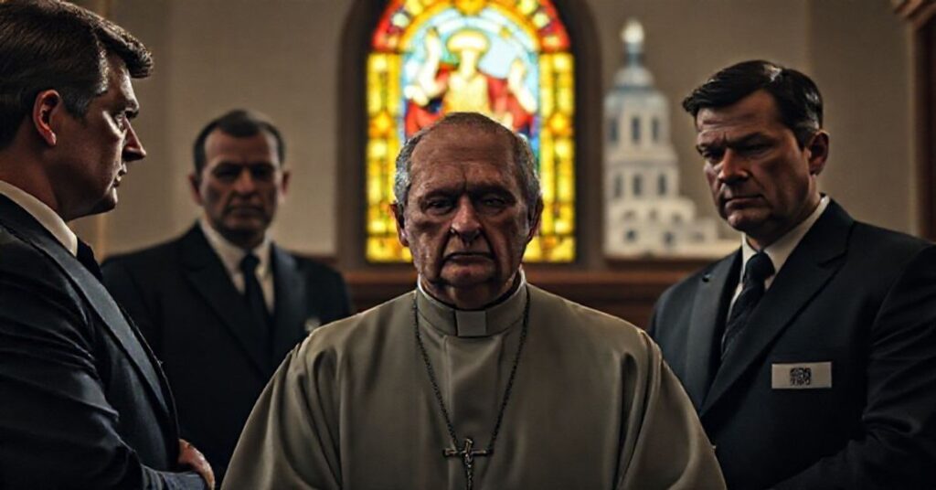 Katolicki kapłan w konfesjonału, stoi przed agentami FBI Stanleya Meadora. Scena przedstawia konflikt między wiarą a prześladowaniami.
