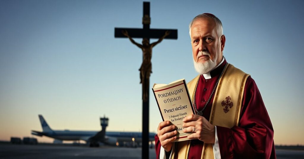 Prawdziwy katolicki kapłan w ornacie trzymający kontrowersyjną książkę ks. Wojciech Sumlińskiego przed krzyżem, symbolizującą medialne manipulacje i brak prawdy w dzisiejszym świecie.