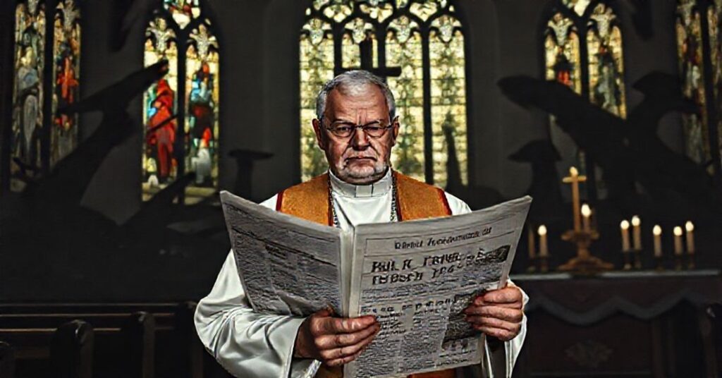 Szalony katolicki kapłan w tradycyjnych szatach liturgicznych stoi w ciemnym kościele z witrażami przedstawiającymi sceny męczeństwa. Trzyma gazetę z nagłówkami na temat eksportu broni NATO i opóźnień spowodowanych shutdownem. Na tle widoczne są cienie pocisków i sprzętu wojskowego, kontrastujące z ołtarzem ozdobionym krzyżem i świecami.