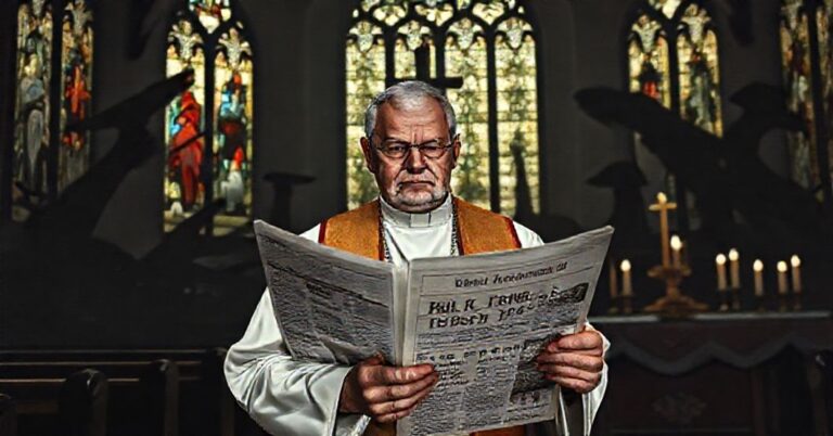 Szalony katolicki kapłan w tradycyjnych szatach liturgicznych stoi w ciemnym kościele z witrażami przedstawiającymi sceny męczeństwa. Trzyma gazetę z nagłówkami na temat eksportu broni NATO i opóźnień spowodowanych shutdownem. Na tle widoczne są cienie pocisków i sprzętu wojskowego, kontrastujące z ołtarzem ozdobionym krzyżem i świecami.